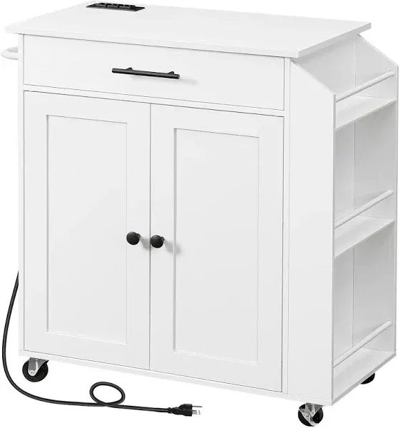 HOOBRO Kitchen Island with Power Outlet, Kitchen Storage Island, Spice Rack, Drawer, Rolling Kitchen