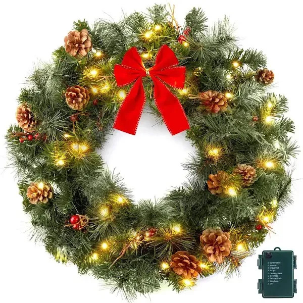 24 Inch Pre-Lit Handcrafted Christmas Wreath, IP44 Battery Operated 50 LED Chris