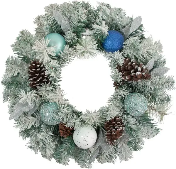 24" Teal and Silver Ball Flocked with Pine Cones Artificial Christmas Wreath - Unlit