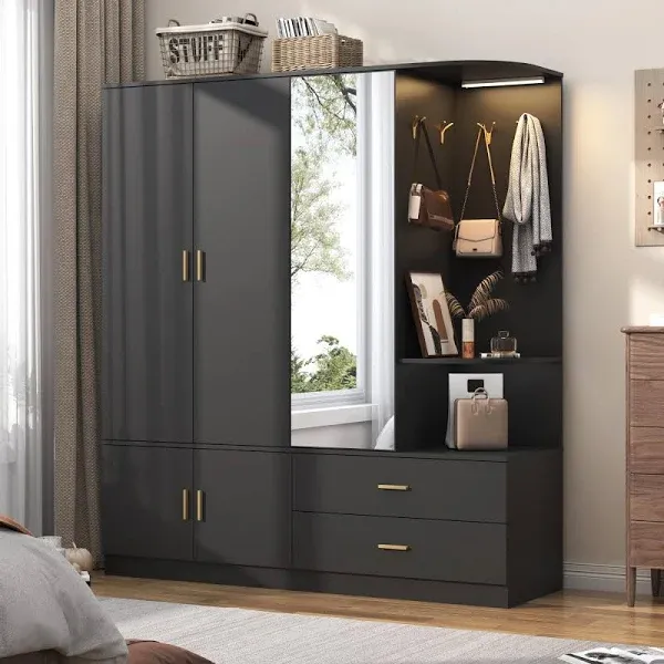 Modern Armoire Wardrobe Closet with Mirror and Sensor Light