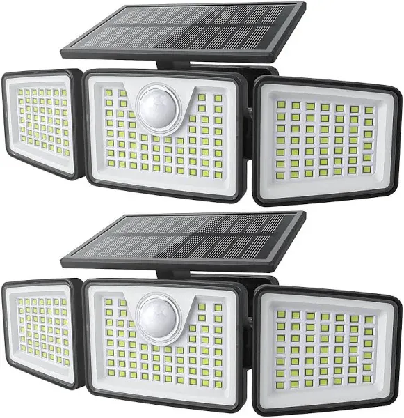 Solar Lights Outdoor 2500LM Motion Sensor Outdoor Lights,3 Head 355° Wide Angle Street Area Lights, Waterproof Security Lights with 3 Modes(Black,Non-Remote-2 Pcs)