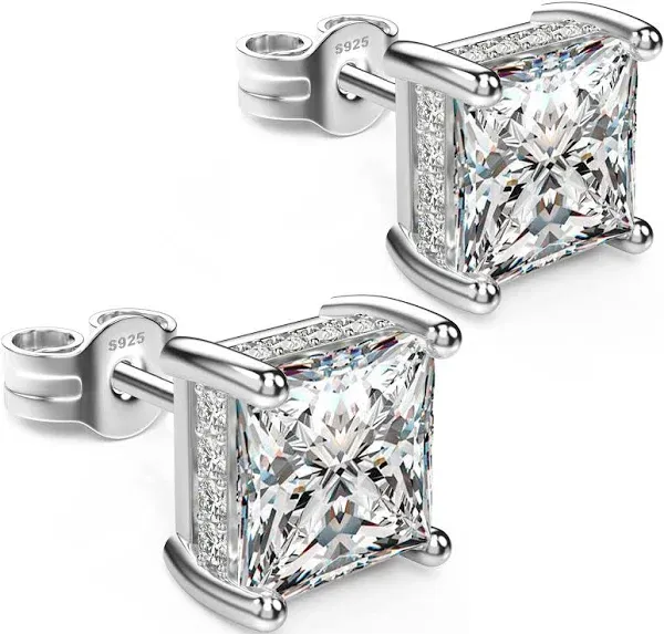 18K White Gold Plated Sterling Silver Princess Cut Cubic Zirconia Stud Earrings