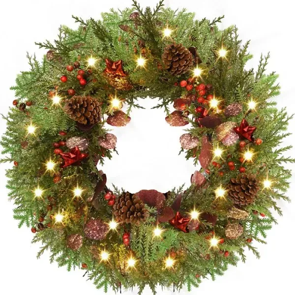 24 inch Pre Lighted Handmade Christmas Wreath