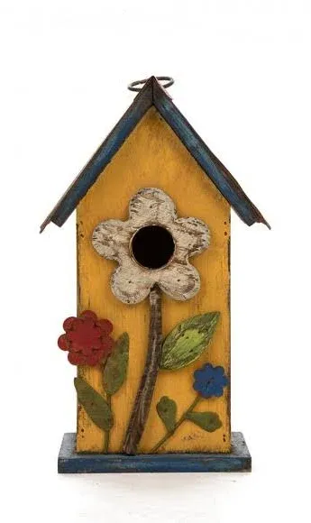 Glitzhome Distressed Solid Wood Birdhouse with Flower