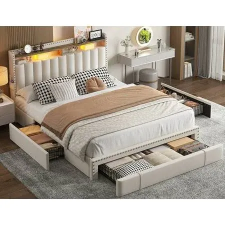 EnHomee Full Upholstered Headboard Wood Metal Platform Bed with Storage, Beige