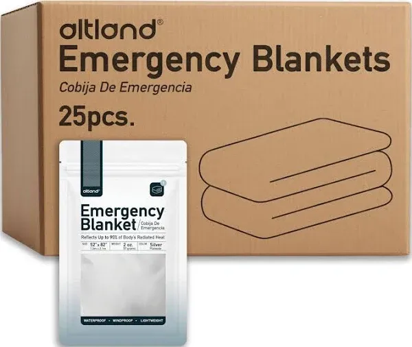 Altland 25 Pack of Emergency Blankets - Individually Packaged Silver Mylar Blankets