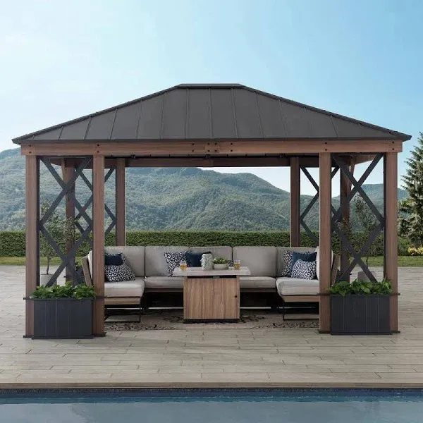 Sunjoy 13 ft. x 15 ft. Hardtop Gazebo, Outdoor Black Steel Roof Gazebo Aluminum Framed Gazebo with Planters and Ceiling Hook for Patio