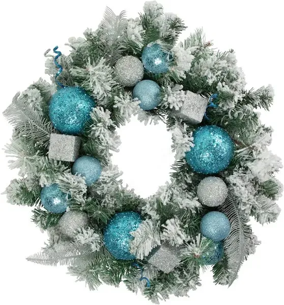 Northlight 24" Flocked Blue and Silver Sequin Ornaments Artificial Pine Christmas Wreath