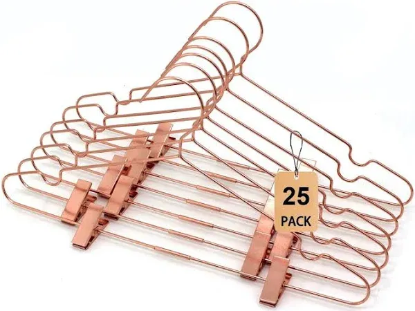 Koobay 25 Pack Rose Gold Metal Wire Adult Clothes Hangers with Shiny Clips,Ideal for Coat Suit Pants Trouser Clothes Hangers Closet Wardrobe Space