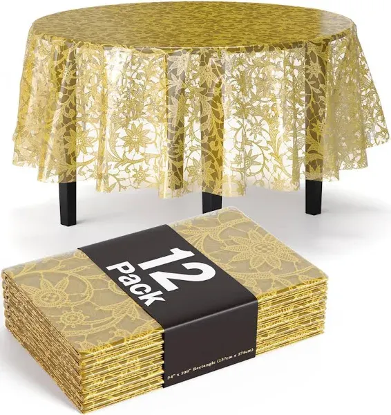 Exquisite Gold Lace Round Tablecloth Disposable 12-Pack Tablecloths 84" Plastic Table Cloth Disposable Clear Table Cover