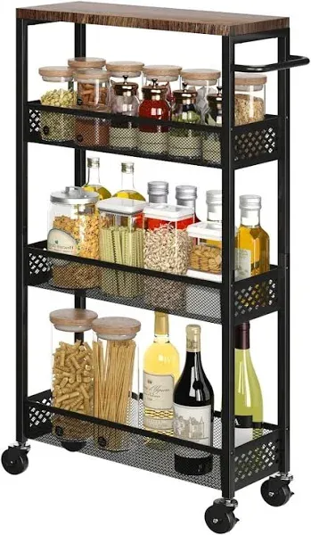 XYZLVSI Slim Storage Cart 4 Tier Narrow Kitchen Rolling Cart on Wheels for Small Space, Mobile Utility Cart Shelving Unit with Wooden Top and Metal