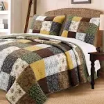 Cozy Line Home Fashions Andy Mustard Yellow Country Farmhouse Real Patchwork Quilt Bedding Set, 100% Cotton Reversible Coverlet, Bedspread (Brown Olive, Queen - 3 Piece)