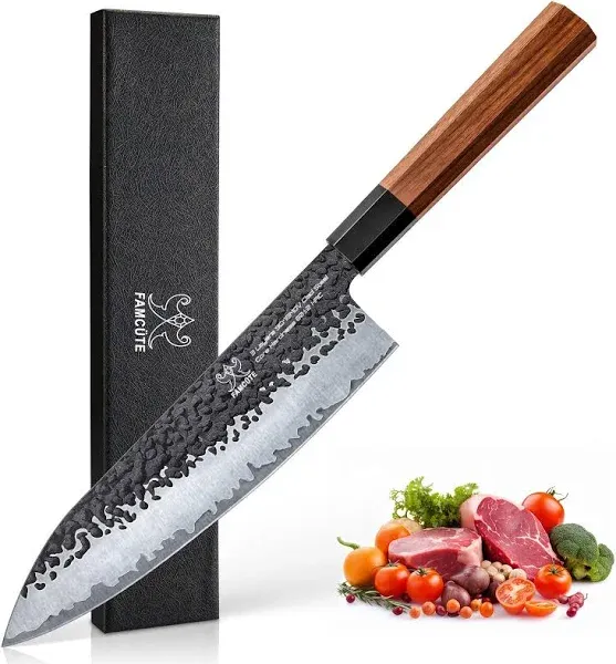 FAMCÜTE 8 Inch Japanese Knife, Hand Forged High Carbon Steel 3 Layers 9CR18MOV Wood Handle Professional Kitchen Knife