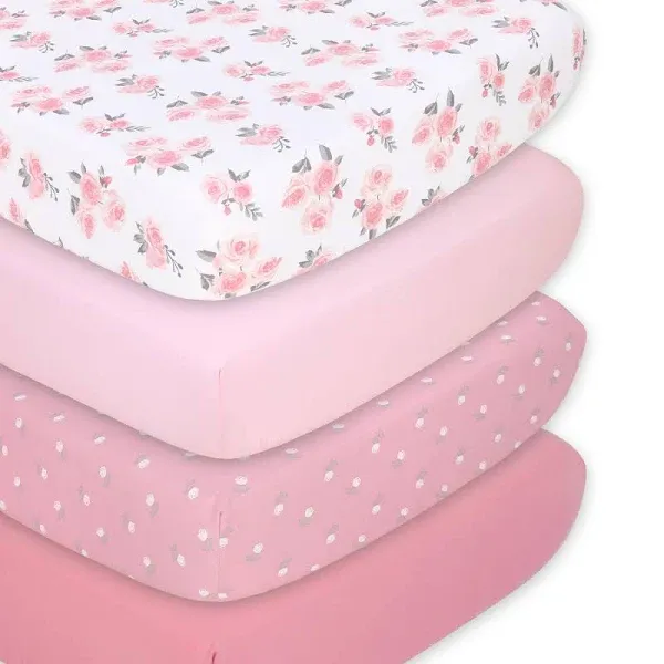 The Peanutshell 4-Pack Fitted Crib Sheet Set - Super Soft & Breathable Baby Girl Crib Sheets, Nursery Decor, Fit for Standard Crib Mattress Sheet - Pink Roses and Ditsy