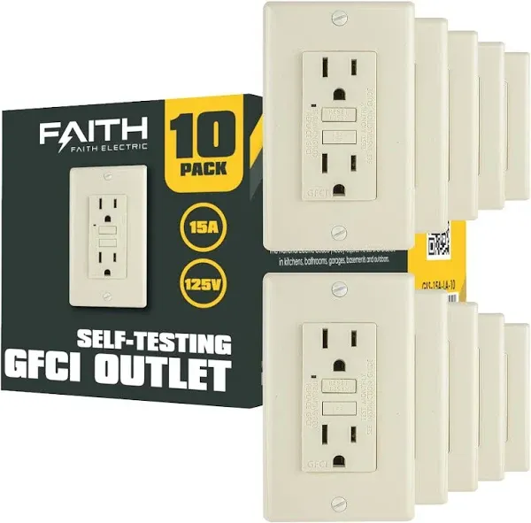 Faith [10-Pack] 15A GFCI Outlets, Non-Tamper-Resistant GFI Duplex Receptacles with LED Indicator, Self-Test Ground Fault Circuit Interrupter with Wall Plate, ETL Listed, Light Almond, 10 Piece