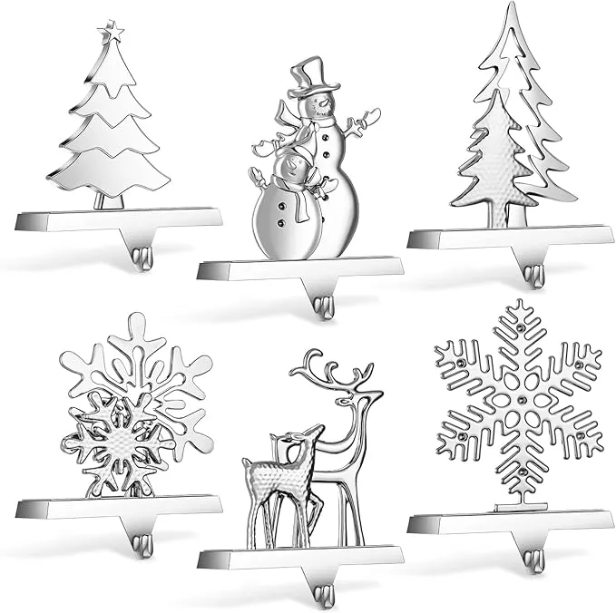 6 Pieces Snowflake Stocking Holder Christmas Stocking Holders Elk Santa Claus Silver Metal Stocking Hanger Mantle Hooks for Mantel Fireplace Christmas Party and Home Decoration (Snowman)