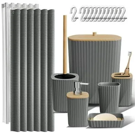 Clara Clark Bamboo Bathroom Accessories Set with Shower Curtain Set, Toilet Brush, Trash Can & Soap Dispenser - Complete Set - Grey