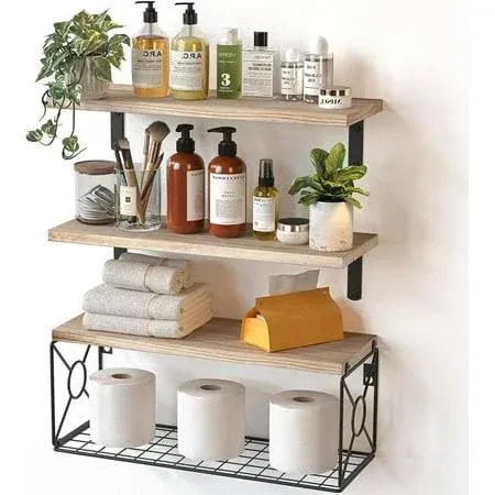 Amada Floating Bathroom Wall Shelves with Storage Basket