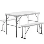 BTExpert 3-Piece Set Plastic Portable Folding Beer Picnic Table & Two Benches SEATS Foldable Heavy Duty White for Party RV Patio Dining Event