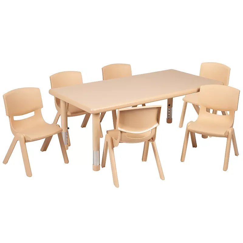 Flash Furniture Plastic Height-Adjustable Rectangular Activity Table With 6 Chairs, Natural