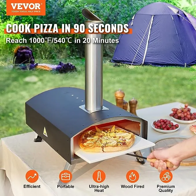 VEVOR Outdoor Pizza Oven, 12-Inch, Wood Pellet and Charcoal Fired Pizza Maker, Portable Outside Stainless Steel Pizza Grill with Pizza Stone, Waterpro