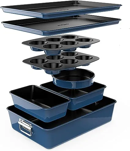 NutriChef 8-Piece Nonstick Stackable Bakeware Set - PFOA, PFOS, PTFE Free Baking Tray Set w/Non-Stick Coating, 450°F Oven Safe, Round Cake, Loaf, Muffin, Wide/Square Pans, Cookie Sheet (Blue)