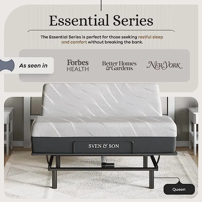 Sven & Son Queen Essential Adjustable Bed Base Frame + 10" Luxury Cool Gel Memory Foam Mattress, Wireless, Easy Self-Assembly, Head & Foot