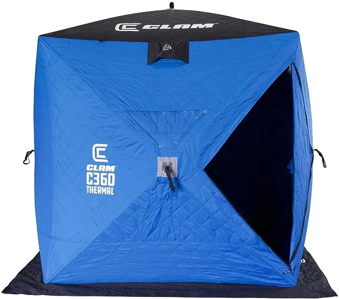 CLAM C-Series Lightweight Portable Pop Up Ice Fishing Angler Hub Shelter Tent with Anchors, Tie Ropes, and Carrying Bag, Standard or Thermal