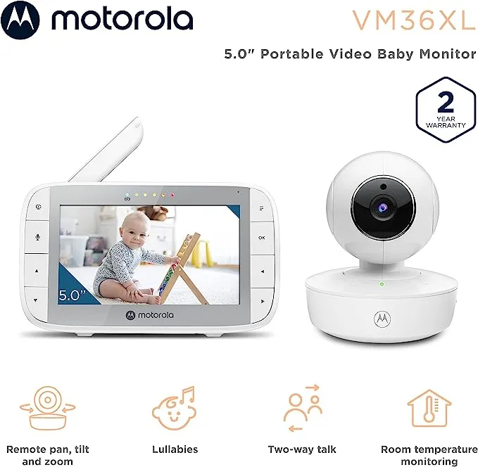 Motorola VM36XL-2 | 5" HD Video Baby Monitor with Motorized Pan, Tilt & Zoom Dual Cameras | 1000ft Range 2.4 GHz Wireless 5" Split Screen | 2-Way Audio | Room Temperature, Lullabies, Night Vision