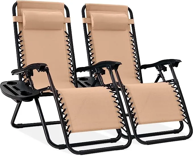 Best Choice Products Set of 2 Zero Gravity Lounge Chair Recliners for Patio, Pool w/ Cup Holder Tray - Ivory