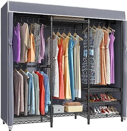 VIPEK V5C Portable Clothes Closet Wardrobe Bedroom Armoires Heavy Duty Covered Clothes Rack, Black Metal Clothing Rack with Grey Oxford Fabric Cover, Adjustable Custom Closet Rack 70.1"Lx17.3"Wx76.4"H