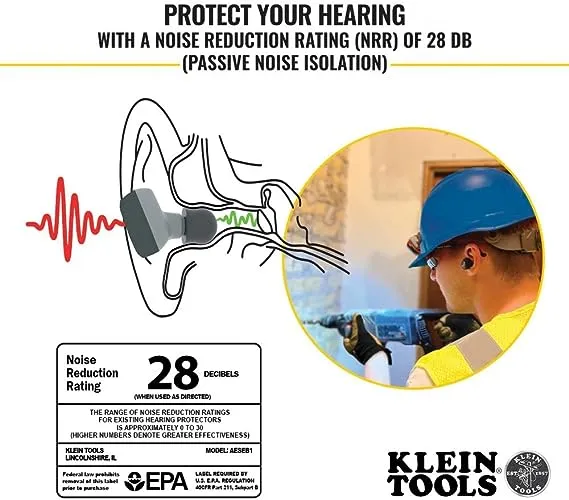 Klein Tools AESEB1 Bluetooth Jobsite Earbuds, Wireless Hearing Protection Earplugs with 28dB Noise Reduction Rating, 15-Hour Playtime