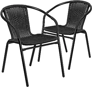 Flash Furniture 2 Pack Black Rattan Indoor-Outdoor Restaurant Stack Chair