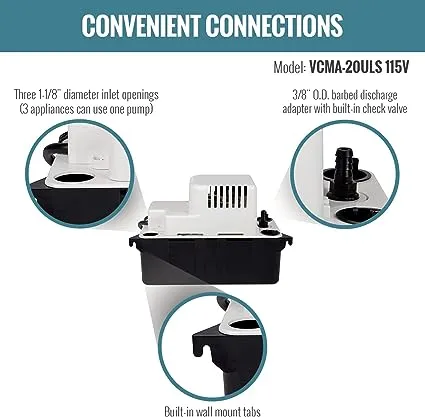 Little Giant 554425 VCMA-20ULS 80 GPH 1/30 HP Automatic Condensate Pump with Safety Switch for HVAC, Dehumidifier, Furnace, Air Conditioner