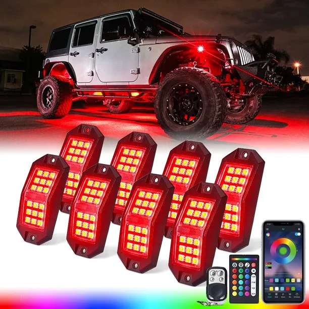 Xprite 8 Pods Rock Lights Wide Angle Bluetooth RGB Rocklights, Multicolor Neon Lighting Footwell Underglow Kits w/Wireless Remote, Compatible Jeep