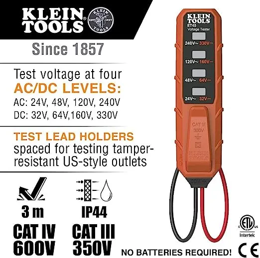 Klein Tools ET45 Voltage Tester, AC Voltage, DC Voltage, Low Voltage Electric Tester, No Batteries Needed