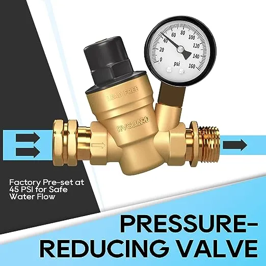 RVGUARD RV Water Pressure Regulator Valve, Brass Lead-Free Adjustable Water Pressure Reducer with Gauge and Inlet Screen Filter for RV Camper Travel Trailer