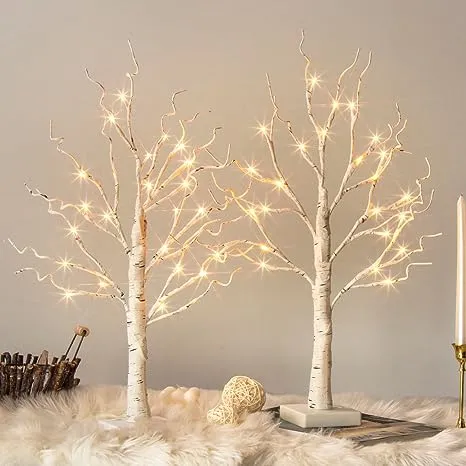 Easter Tree, White Birch Tree with LED Lights - Set of 2, Warm White Tree Lights