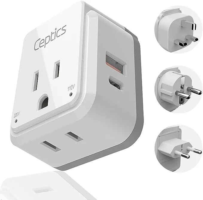 Ceptics European Plug Travel Adapter Set, 20W PD & QC, Safe Dual USB & USB-C - 2 USA Socket - Compact - Use in Germany, France, Italy, UK - Includes Type E/F, Type C, Type G SWadAPt Attachments