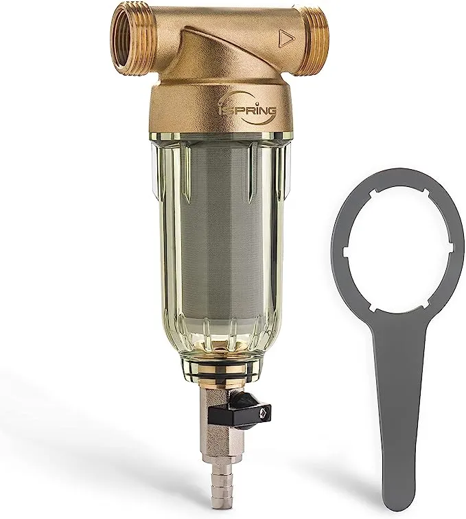 iSpring WSP-50 Reusable Whole House Spin Down Sediment Water Filter 50 Micron, 1" MNPT + 3/4" FNPT, Brass