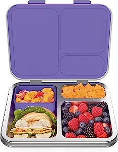 Bentgo® Kids Stainless Steel Leak-Resistant Lunch Box - Bento-Style Redesigned in 2022 w/Upgraded Latches, 3 Compartments, & Extra Container - Eco-Friendly, Dishwasher Safe, Patented Design (Purple)