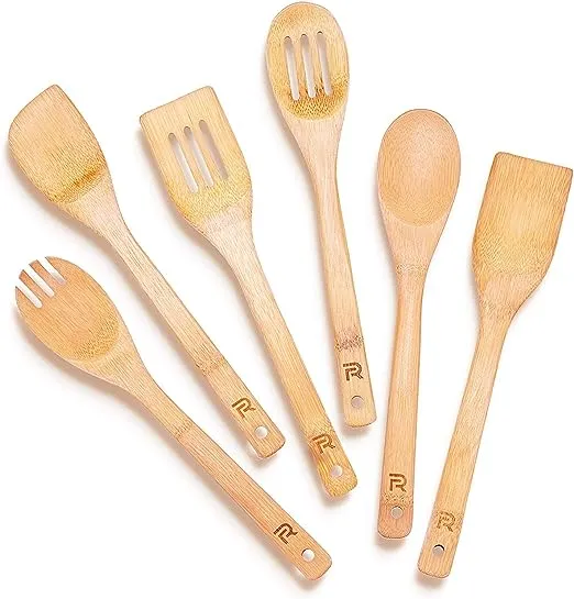 Riveira Cucharas de madera de bambú para cocinar, 6 piezas, espátula de madera esencial de apartamento, cuchara antiadherente, juego de utensilios