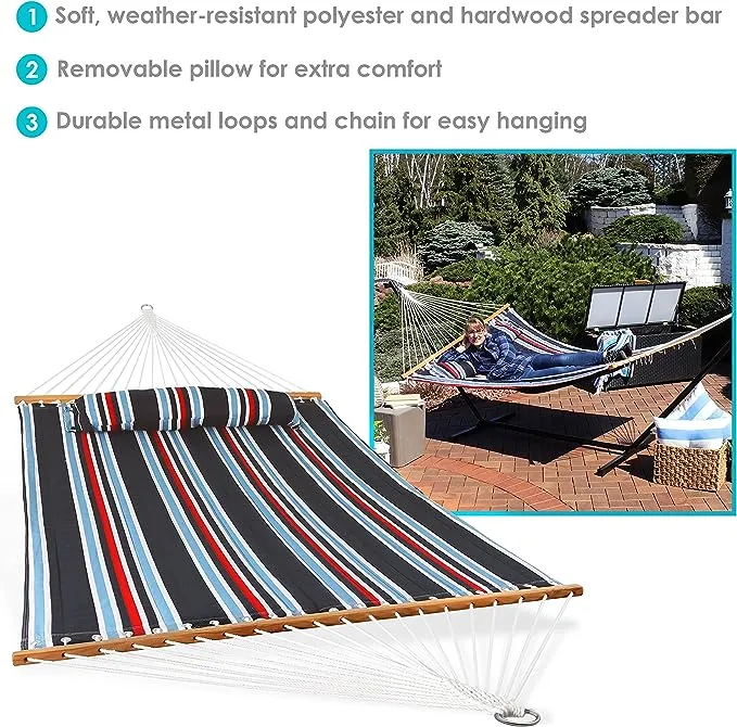 Sunnydaze Heavy Duty 450-Pound Capacity Quilted Fabric Hammock Two-Person with Spreader Bars - Nautical Stripe