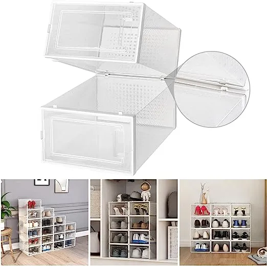 SESENO. 12 Pack Shoe Storage Boxes, Clear Plastic Stackable Shoe Organizer Bins, Drawer Type Front Opening Shoe Holder ContainersSESENO. 12 Pack Shoe Storage Boxes, Clear Plastic Stackable Shoe Organizer Bins, Drawer Type Front Opening Shoe Holder Contai