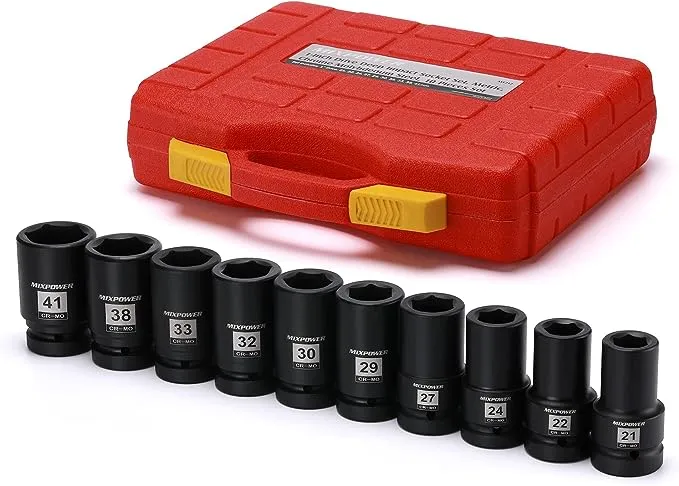 MIXPOWER 10PCS 1"Drive Impact Deep Socket Set, 6 Point, 21-41mm, CR-MO, Metric, Deep, 1" Dr. Deep Spindle Axle Nut Impact Socket Set