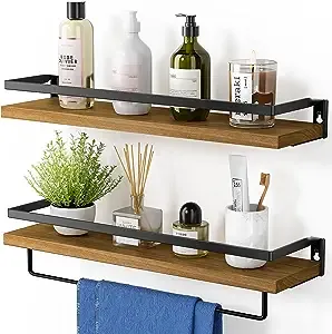 Amada HOMEFURNISHING Floating Shelves Wall Mounted, Wall Shelves for Bathroom, Kitchen, Bedroom, Storage Shelf with Towel Bar, Set of 2, Rustic