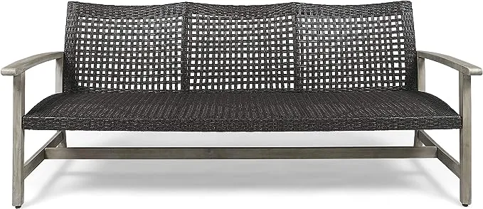 Great Deal Furniture Marcia Outdoor Wood and Wicker Sofa, Light Gray Finish with Mix Black Wicker