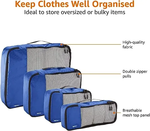 Amazon Basics 4 Piece Packing Travel Organizer Cubes Set - 2 Medium and 2 Large, Blue