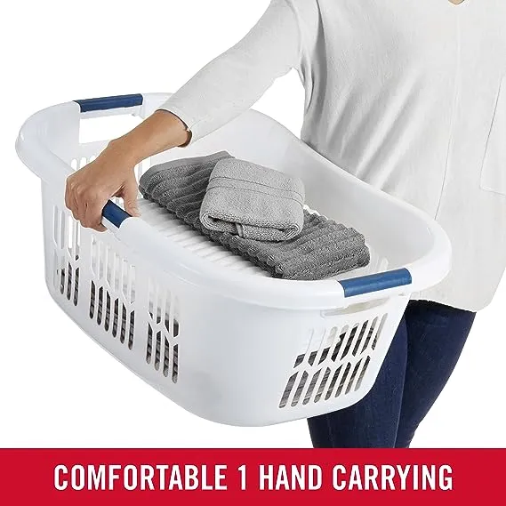 Rubbermaid 2.1-Bushel Small Hip-Hugger Portable Plastic Laundry Basket with Grab-Through Handles, White