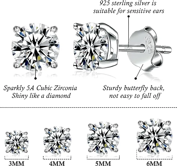 925 Sterling Silver Stud Earrings Set | White Gold Plated Hypoallergenic Stud E